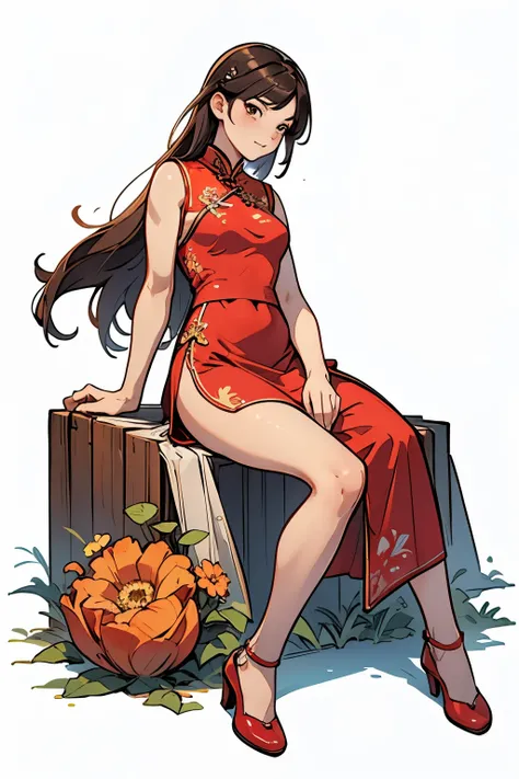 Reference table, Chinese skinny cheongsam，Red cheongsam，Red tight skirt，Show your arms ，Matching Clothing, ((best quality)), ((masterpiece)), (Full body), (Concept Art), A woman,Long hair，Sit all over the body，sit on the floor, Clear facial features，Clean ...