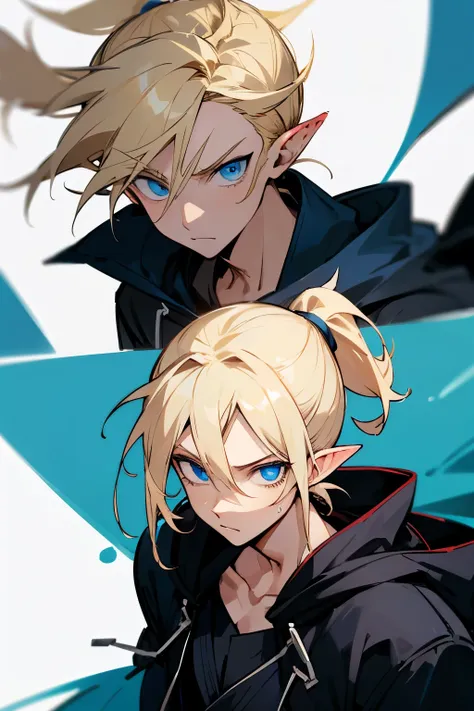 individual, ponytail, pointy-eared, blond, blue eyes, Seven-doppelganger shot, Hood down, anime style, male