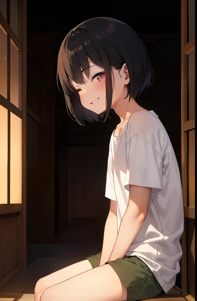 Wooden corridor of the temple,dark,smile,Sit and watch the fireworks,Place your hands behind your back,close your eyes,1. small  ,short hair,Black Hair,blush,White T-shirt,Olive green shorts,White skin,From below,Sweat,night中,night,Grin