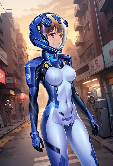 short hair, street, emo, BLACK hair, white eyes, eyeliner, apocalypse, (astronaut, girl, road, city,  fortified suit, ((blue:1.5) plugsuit), short hair, outdoors, cinematic light,  medium breasts, covered navel, space helmet, muvluv, space helm, eva helmet...