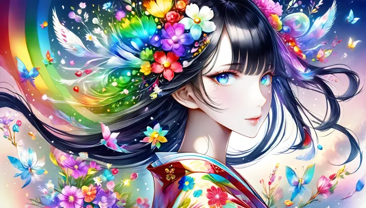 a fusion of watercolor and oil painting, psychedelic world, commemorative photo, japanese kimono,beautiful girl、lolita、15-year-o...