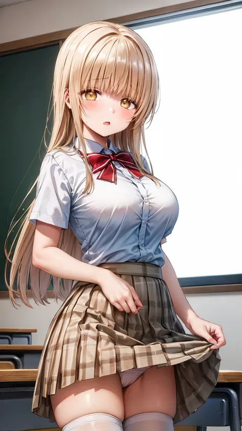 best quality,1girl,((big breasts:1.3)),orgasm,blush,sweat,mahiru shiina, bangs, blonde hair, brown hair, (yellow eyes,empty eyes:1.3),long hair, skirt, bow, (school uniform), pleated skirt, plaid, plaid skirt, (red bowtie:1.2),((lift skirt,upskirt,white pa...