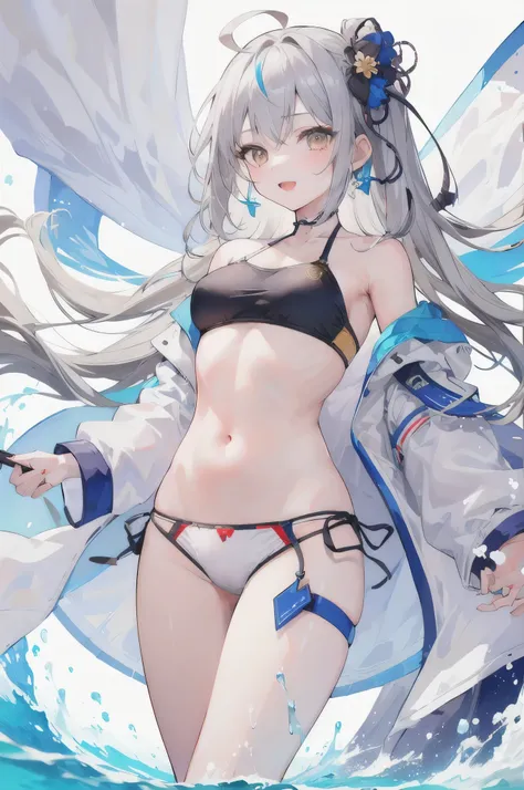 ((masterpiece, Highest quality)), (One Girl), (alone), (Focus on women), (Ahoge, Gray Hair, Very long hair), Golden Eyes, A light smile, Open your mouth,underwear, , Are standing, White Background,Ocean、Swimwear