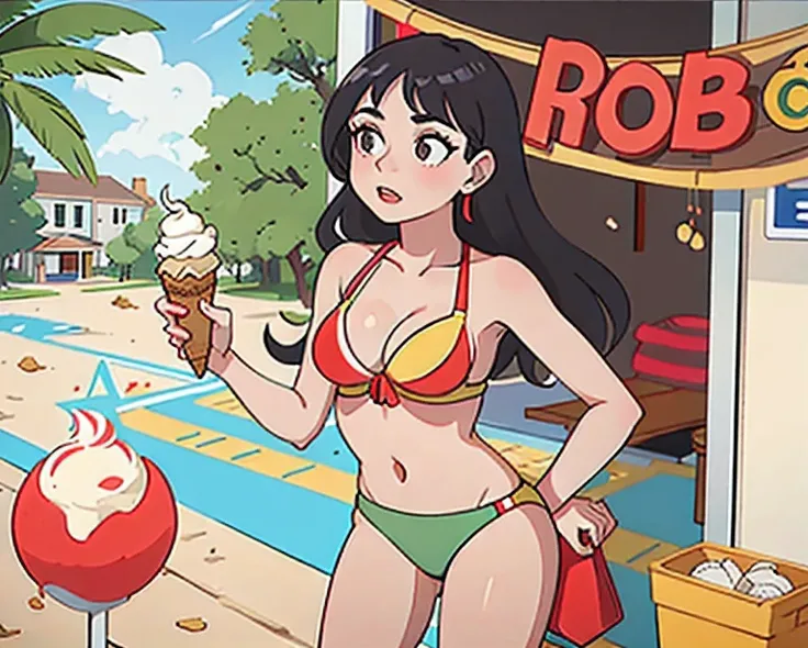 girl in a bikini eating an ice cream cone, eating ice cream, in a bikini, angela white, giorgia meloni, katy perry, in bikini, eating ice - cream, wearing spandex bikini, ice cream on the side, bikini, ice cream, wearing a bikini, candid photo of dirty, sh...