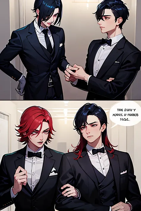 Two men gay couple one elegant character with dark suit and gloves police investigator and another more delicate and provocative malicious redhead 