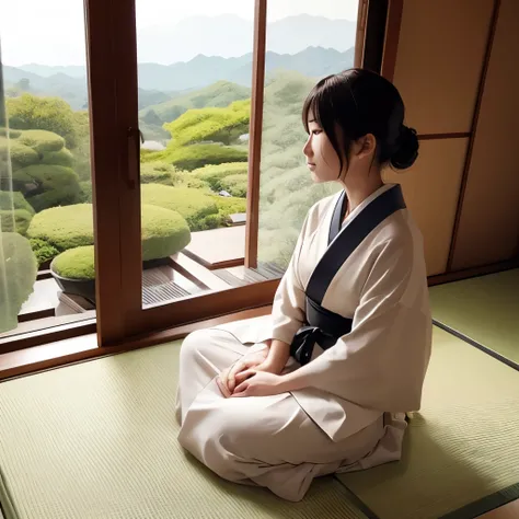 20 female generation　Japan mix　Sit in a Japanese-style room　Calmness　Tolerance　Clean look　Nature view from the window