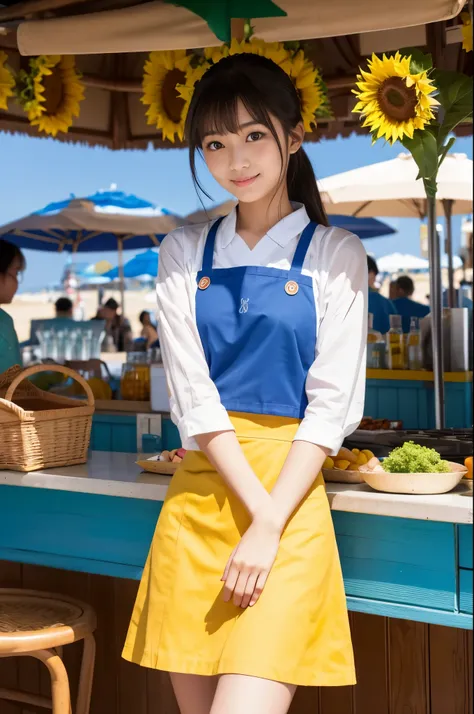 20 years old girl (Japanese pretty face) is wearing blue apron, mini skirt at the beach bar with sunflower