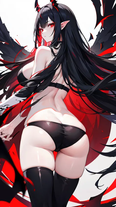 Dark style, black hair, white skin, red eyes, long hair, bangs，underwear，succubus，back big ass