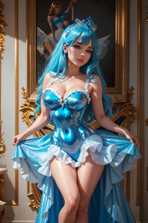 Araffe in a blue dress and high heels posing for a photo., bright blue shiny lingerie, in blue dress, sweet ultra-realistic bunny, wearing a blue plastic dress, posing in leotard and tiara, beautiful fantasy maiden, fantasy dress, Photorealistic perfect bo...