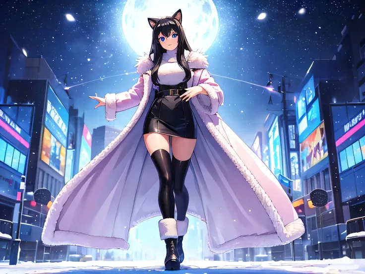 highest quality,(shoot from front),cute girl, black hair, long straight hair, blue eyes,smile face,(full body),((white fuffly fur)),wearing fur pink coat,((fur on the cuff of coat)),((fur on the hem of coat)),fur boots, winter city,stand up