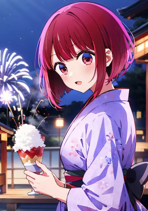 Arima Kana　Night fireworks display at the shrine　Wearing a yukata and holding shaved ice　Fireworks are going off