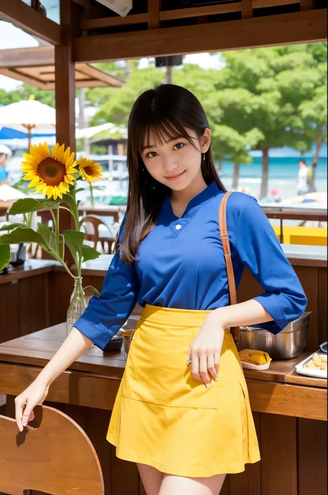 20 years old girl (Japanese pretty face) is wearing blue apron, mini skirt at the beach bar with sunflower