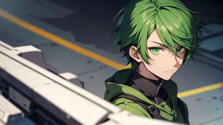 Anime male with short green hair and green eyes does not smile.