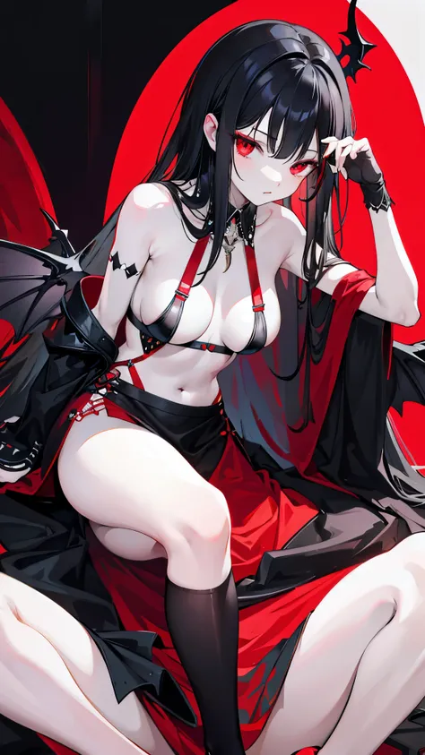 Dark style, black hair, white skin, red eyes, long hair, bangs，underwear，succubus，sitting