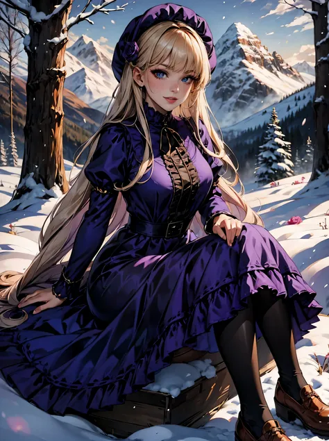 masterpiece, best quality, winter, snow field, 1girl, bangs, blue eyes, blunt bangs, bonnet, brown footwear, blonde hair, maid d...