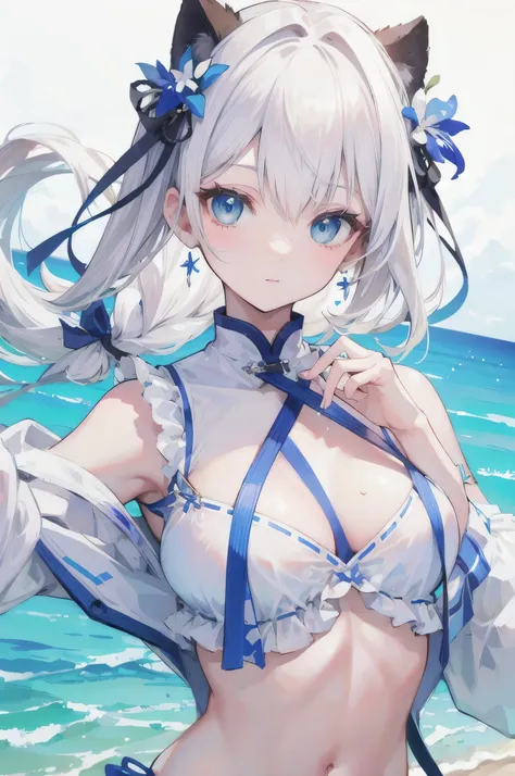 wonderful, masterpiece, white hair, blue eyes, White clothes, Upper Body, hair, Fair skin, Side braid, Highest quality、Swimwear、Sandy Beach