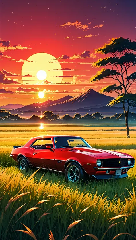 anime landscape of a classic red camaro sitting in a field of tall grass with a sunset in the background.beautiful anime scene, ...