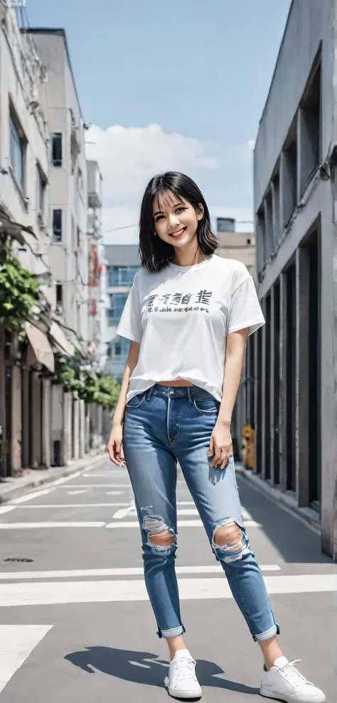 Are standing woman、Full body photo、, Black Hair, smile、He is wearing a T-shirt and ripped jeans, Wearing white sneakers, Looking into the camera, Are standing, The background is the building&#39;s corridor.
