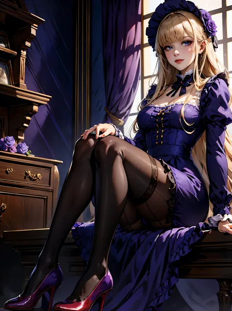 masterpiece, best quality, winter, 1girl, mature beautiful maid, bangs, blue eyes, blunt bangs, bonnet, brown footwear, blonde hair, maid dress, frills, full body, long hair, long sleeves, looking at viewer, pantyhose, black dress, purple flower, purple ro...