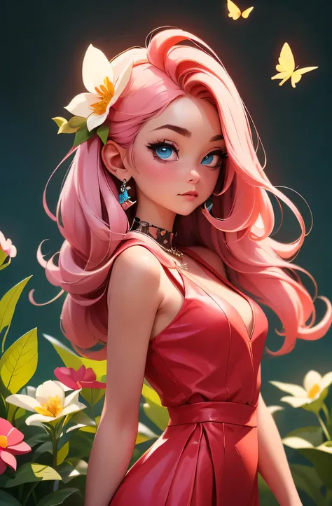 ((Close body portrait of a cute beautiful girl)), ((Enjoy time in the colorful garden)), ((She was wearing a red dress)), ((Light pink long straight hair), (blue eyes) and (There is a flower on the right ear)), ((the area is filled with colorful flowers an...