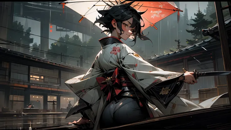 masterpiece,Highest quality,Ultra-fine illustrations,Very detailed,Beautiful background,Perfect Face,Perfect hands,Dynamic Angle,Ink painting style,ass pov,Dynamic Scene,kimono,knife,short hair,rain,battlefield,Beautiful background,Fearless Smile,Ii Slash
...