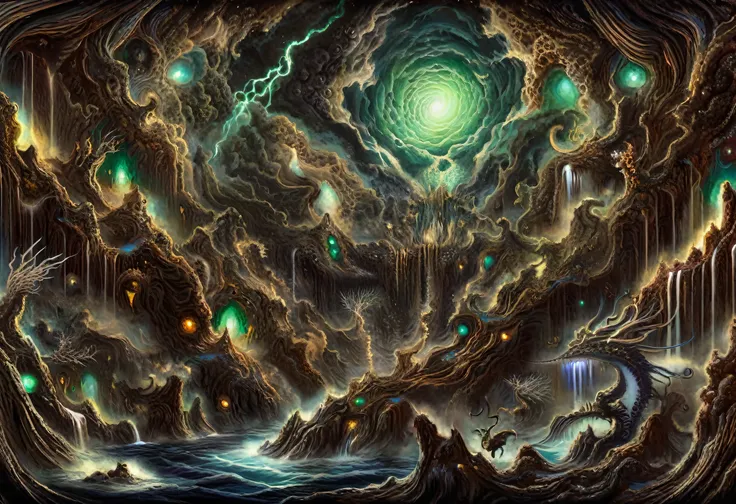 Cave painting with spirals and waterfalls, fractal thunder And Mumford, Lovecraftian Landscapes, Science fantasy painting, Lovecraft&#39;s hellscape, Symmetrical epic fantasy art, And Mumford. Concept Art, cosmic horror Concept Art, mythical gigantic space...