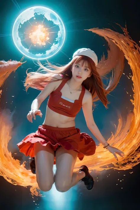 ((masterpiece,best quality)),(negative space:1.4),(1girl, solo:1.4),beautiful detailed eyes,floating pink hair, red hat, fireball, casting a fire spell, orange and red fractals background, looking to the side, teal eyes, fullbody, jumping