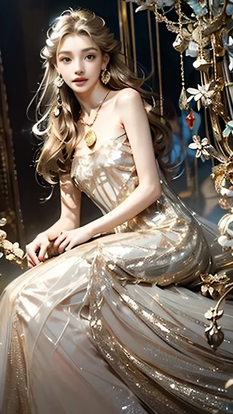 8K, Ultra HD, masterpiece, 1 girl, (Good face:1.4), Delicate eyes, Very long hair, Impressive hairstyle, earrings, necklace, Small Breasts, (Gold dress:1.5), transparent, (Dreamy dress:1.5) Light foundation highlights the translucence of the skin, (wonderl...