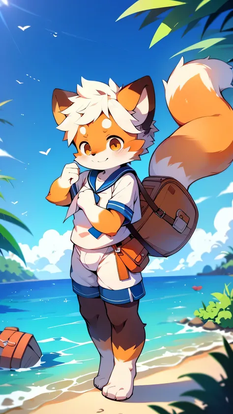 Male Red Panda,Ocean,Sailor suit,Ruck sack,alone