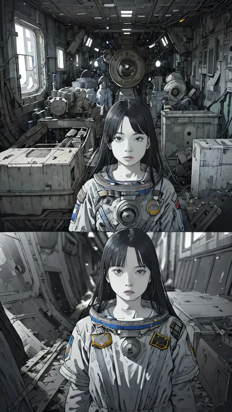 8k、High resolution、Super detailed、masterpiece、Sharp Shadows、One personの女性、24-years-old、Abandoned Space Station、Astronaut Uniform、Monochrome、Intricate machinery、(Outdated machinery:1.3)、Upper Body、 (One person:1.2)、Moderate bust、Black Hair、Long Hair、masterp...