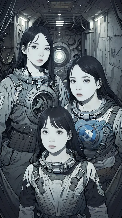 8k、high resolution、super detailed、masterpiece、sharp shadows、one personの女性、24-years-old、abandoned spaceship、astronaut uniform、mon...