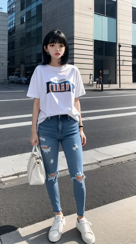 Full body photo、Standing girl, White striped T-shirt, Blue skinny jeans, sneakers、Black Hair, Ear piercing、The background is the building&#39;s corridor.
