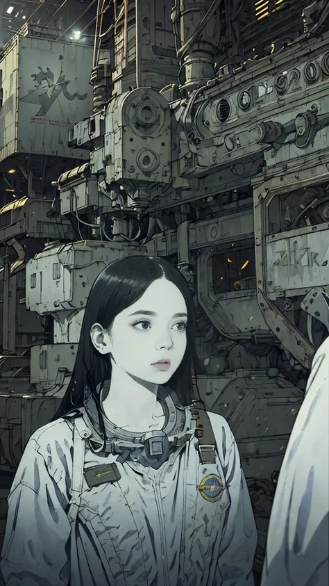 8k、High resolution、Super detailed、masterpiece、Sharp Shadows、One personの女性、24-years-old、Giant Robot、Astronaut Uniform、Monochrome、Intricate machinery、(Outdated machinery:1.3)、Upper Body、 (One person:1.2)、Moderate bust、Black Hair、Long Hair、masterpiece、1970s。