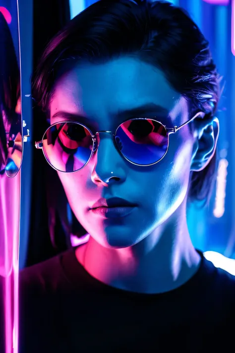 color,color, color, one, 1 man, sunglasses, tinted glasses, , hologram, black hair , cyberpunk, portrait,