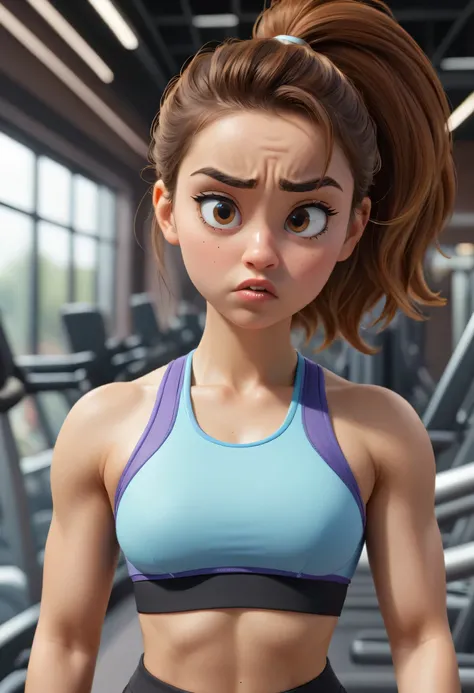 Girl wearing a crop top gym outfit looking to her phone her face so serious in expression. Close up. High quality Pixar hyper realistic image. 4k