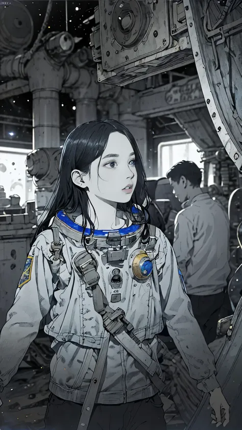 8k、high resolution、super detailed、masterpiece、sharp shadows、one personの女性、24-years-old、universe space、astronaut uniform、monochro...