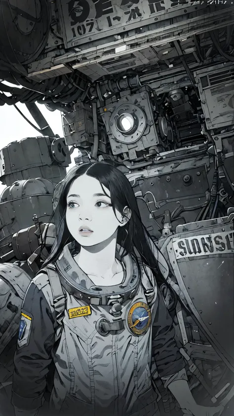 8k、High resolution、Super detailed、masterpiece、Sharp Shadows、One personの女性、24-years-old、Rocket cockpit、Astronaut Uniform、Monochrome、Intricate machinery、(Outdated machinery:1.3)、Upper Body、 (One person:1.2)、Moderate bust、Black Hair、Long Hair、masterpiece、1970...