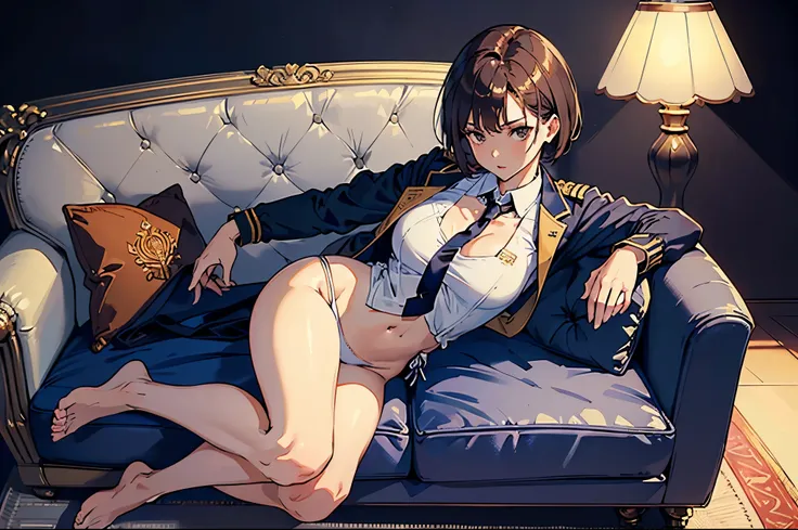 masterpiece,(Perfect Anatomy:1.5), highest quality, a lady , slender, leggy, Seductive, short hair, brown hair, (wear a white long sleeved shirt, tie, navy officer jacket:1.5), white bikini panties , barefoot, Perfect hands, Perfect body, reclining, lying ...