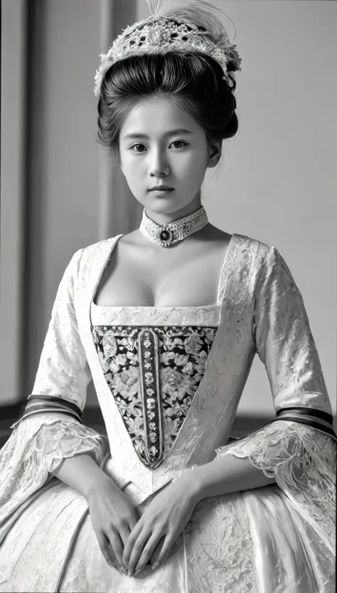 ((monochrome, Black and White Photography:1.5)), Front view , looking at viewer ,Full-body,  Empire of Austria -Hungary, 1894 years,  countess, beautiful girl ,  Japanese girl , 18- age-old,, (foreshortening, Canon, UHD, anatomically correct, super detail,...