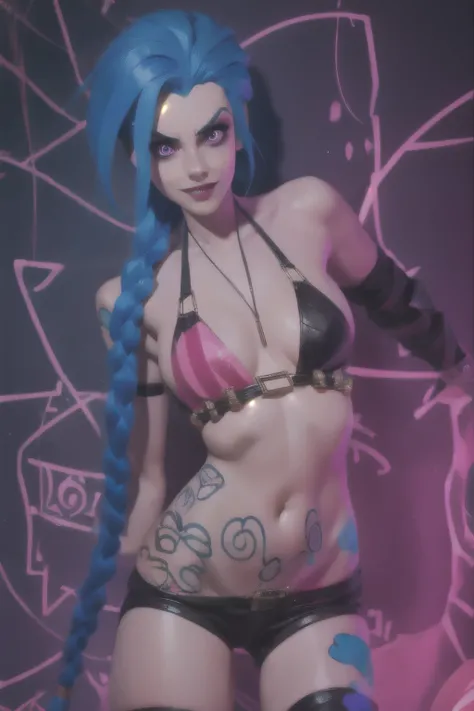 Cosplay hyperrealisti super detalhado de Jinx, wearing bikini and shorts, very detailled, (hyperrealisti: 1.4), in dynamic pose, brave face, twin braids, long hair, hair blue, Eyes red , wearing a Jinx costume, arcane style. (( Cinematic graffiti backgroun...