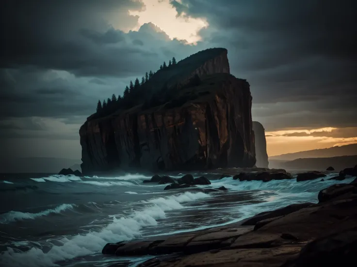 a dramatic cliff with 1000 intricate dents, dark horror atmosphere, dramatic lighting, moody colors, highly detailed, photorealistic, 8k, masterpiece