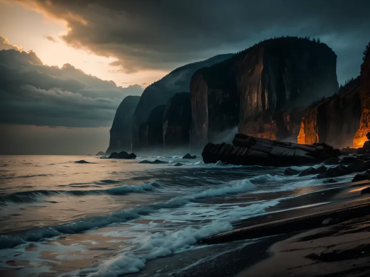 a dramatic cliff with 1000 intricate dents, dark horror atmosphere, dramatic lighting, moody colors, highly detailed, photorealistic, 8k, masterpiece