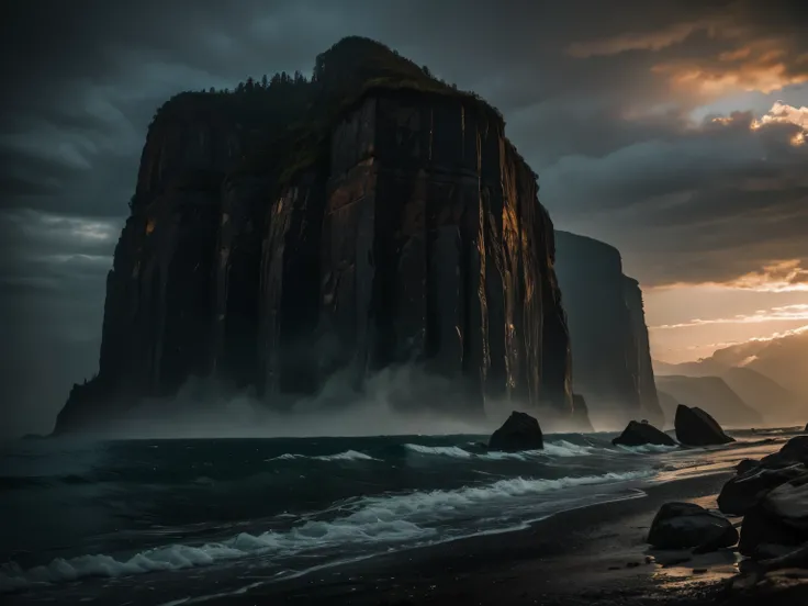 a dramatic cliff with 1000 intricate dents, dark horror atmosphere, dramatic lighting, moody colors, highly detailed, photorealistic, 8k, masterpiece