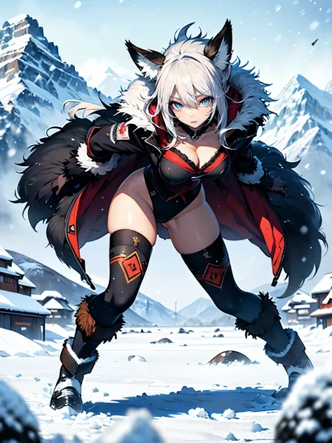 ((Seductive lady:1.3, solo:1.2))、((fusion of fox and lady:1.2))、((winter mountains:1.4))、((Its snowing:1.2))、((blizzard:1.5))、((blizzard effect:1.3))、((pelts clothes:1.2))、((fur boots))、((slant eyes:1.2))、((be wide open legs:1.3))、((dynamism posing:1.3))、(...