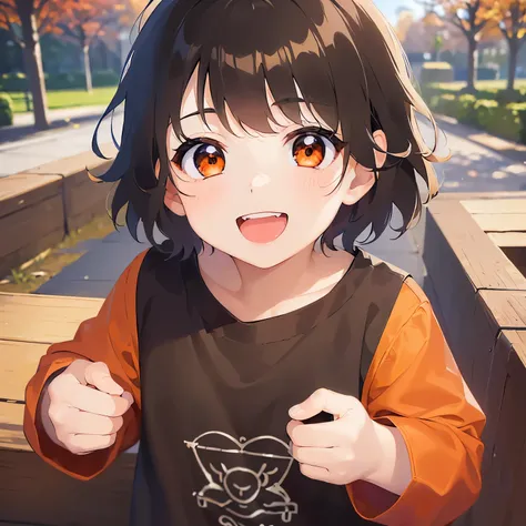 With arms outstretched、 child、masterpiece、Highest quality、 (Short hair with brown bangs) and (Orange eyes) and (5 year old boy:1.5)、Boy, （Black long sleeve shirt）、 smile, The background is a park、The upper body is shown、Alone、