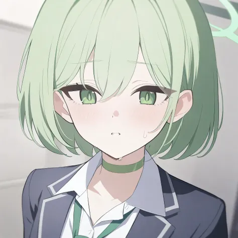 (blue_archive) best_quality newest_Light green hair_green eyes_Short hair_Green halo_School uniforms_green necktie_Very dark green choker_1girl_teenager_19 years old_selfish