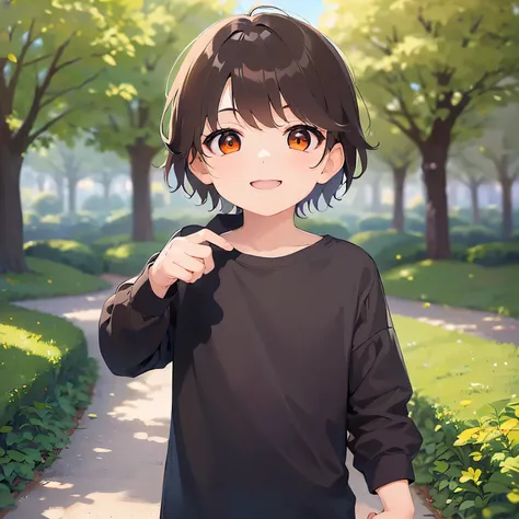 With arms outstretched、 child、masterpiece、Highest quality、 (Short hair with brown bangs) and (Orange eyes) and (5 year old boy:1.5)、Boy, （Black long sleeve shirt）、 smile, The background is a park、The upper body is shown、Alone、Are standing