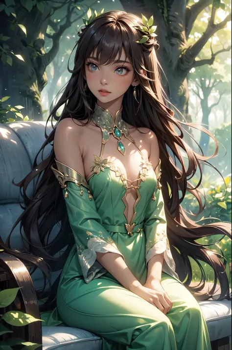 A young woman sits gracefully in a dense forest, surrounded by towering trees and a lush, green undergrowth. She wears a long, flowing dress in a shade of green that blends seamlessly with her natural surroundings. Her long, dark hair cascades over her sho...