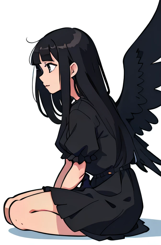 perfect anime illustration, side view of a girl sitting on the floor having long black hair with bangs, wearing a dress ,having wings