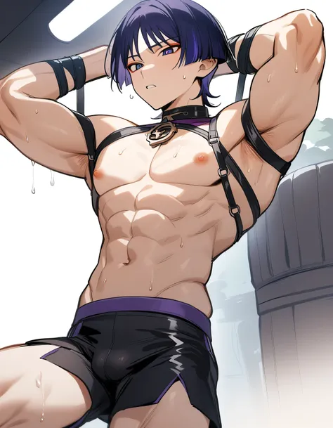 (masterpiece), best quality, expressive eyes, perfect face, perfect eyes, perfect body, 1boy, only 1 Scaramouche, single, husbando, muscular male, cisgender male, masculine, masculine face, anatomically correct, handsome face, hunky, buff Scaramouche, male...